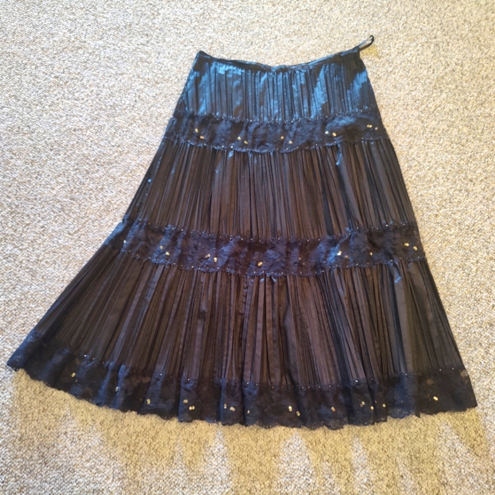 Women's black laced tiered ruffle skirt with lace and sequins. Never worn!